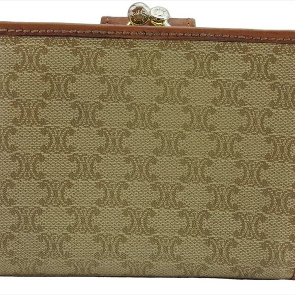 CELINE Bi -fold Wallet Macadam Beige PVC x Leather Authentic USED - Picture 2 of 11